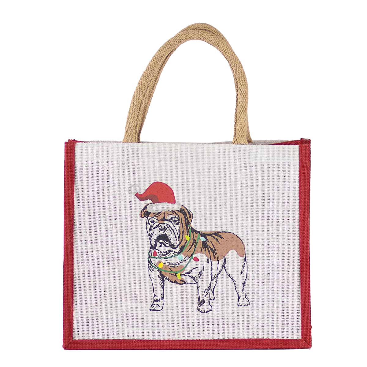 Christmas Bulldog Gift Tote Red/White/Multi 12x10x8