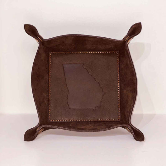 Georgia Leather Embossed Valet Tray   Dark Brown   8x8