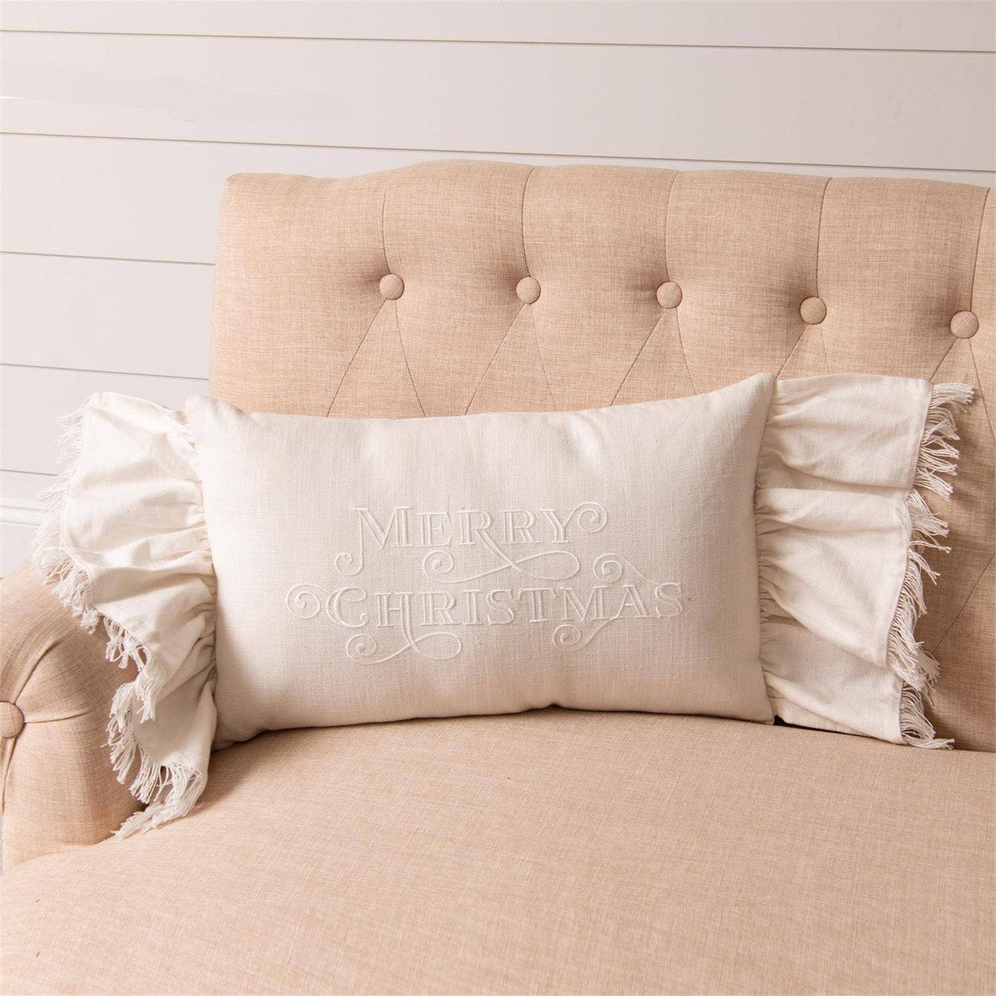 Ruffled Edge Pillow - Embroidered Merry Christmas (PC)