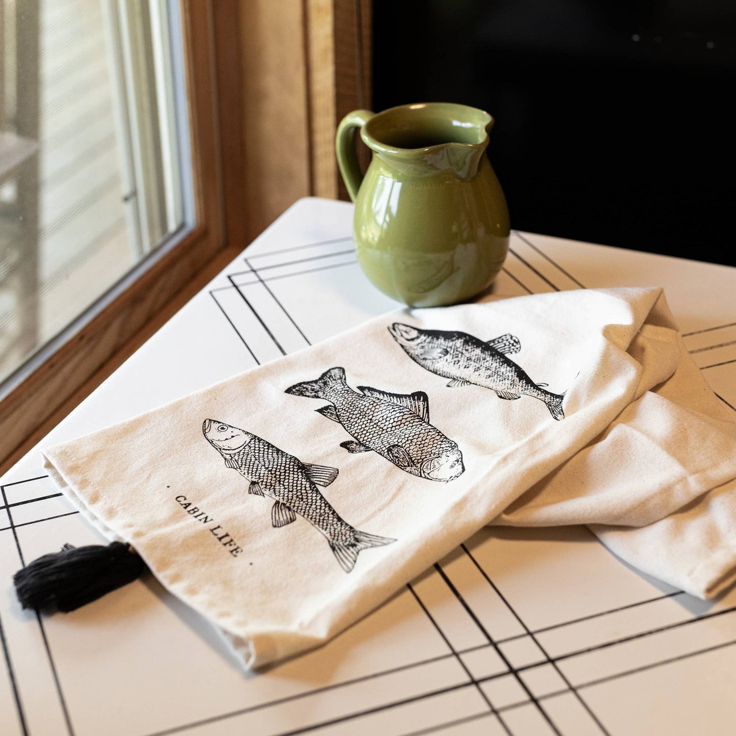 "Cabin Life" Fish Kitchen Towel Cotton Lake Decor