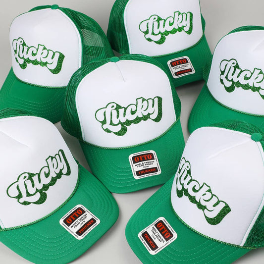LUCKY Letter Glitter Logo Print Foam Trucker Hat
