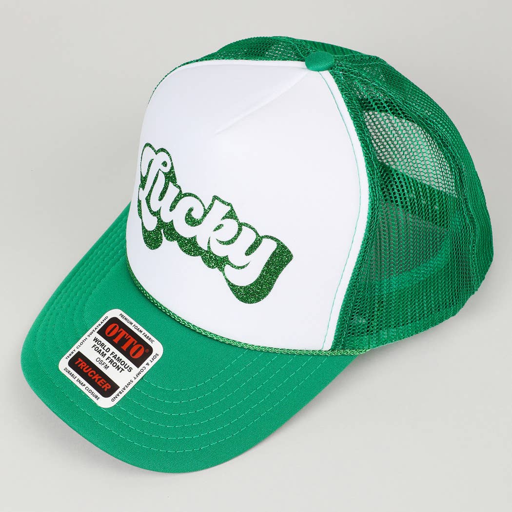 LUCKY Letter Glitter Logo Print Foam Trucker Hat