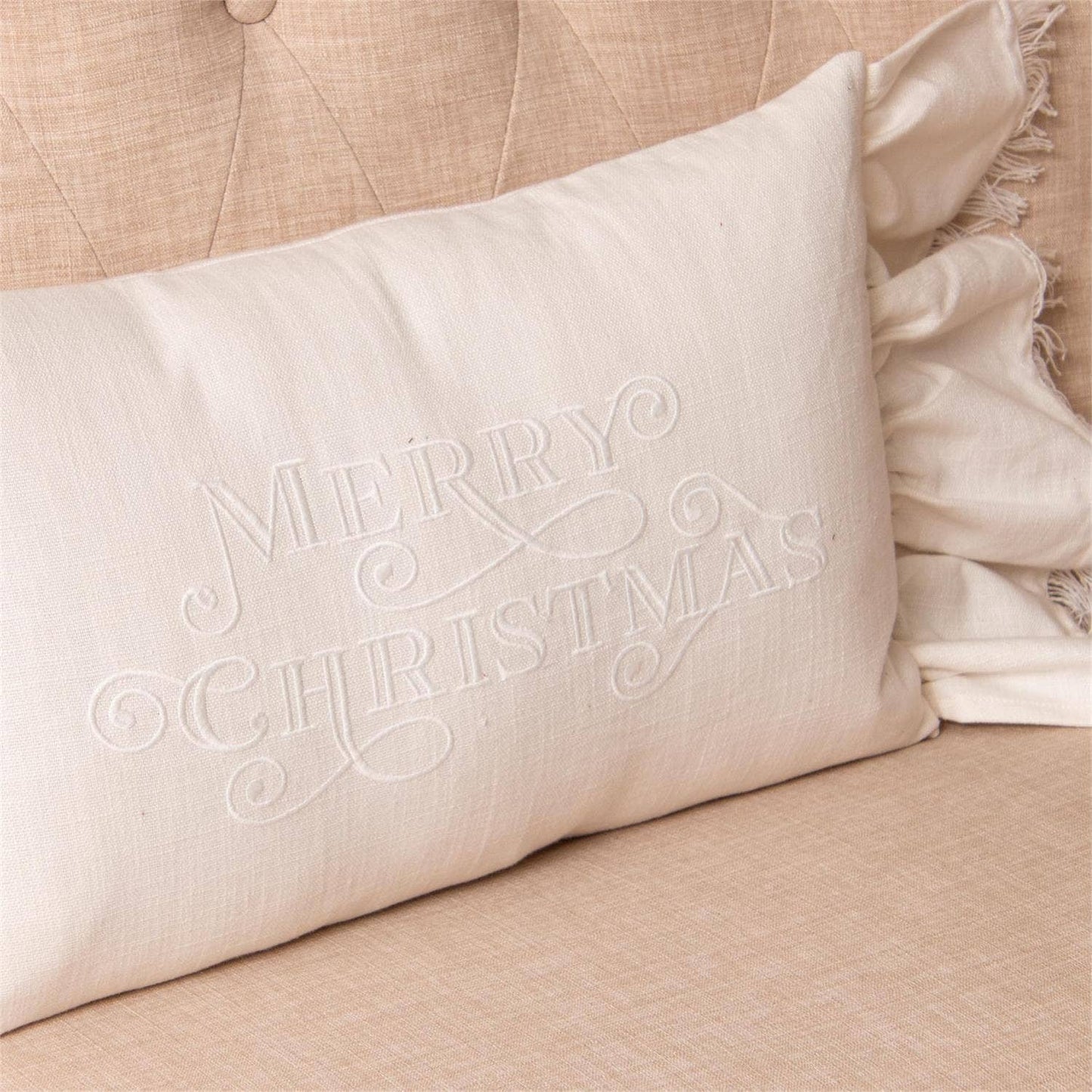 Ruffled Edge Pillow - Embroidered Merry Christmas (PC)