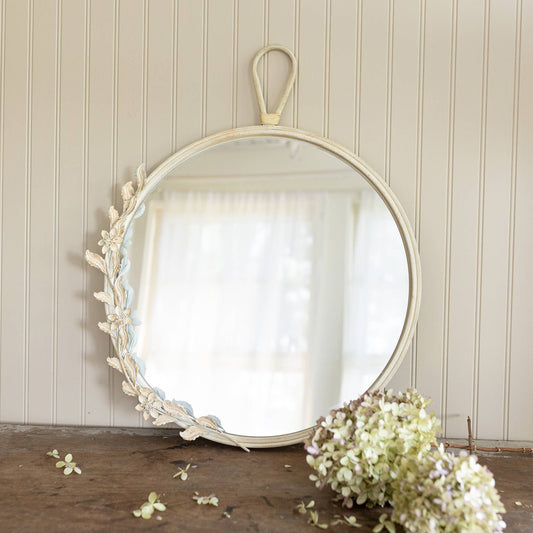 Abeline Round White Cottage Floral Wall Mirror Glass & Metal